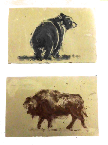 Drawings on clay. Bear and buffalo. 2014